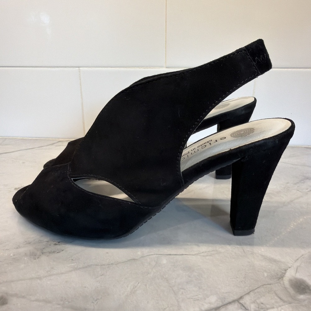 Eric Michael Women's EU 38 Peru Black Suede Leather Slingback Peep Toe Heels - Picture 5 of 15